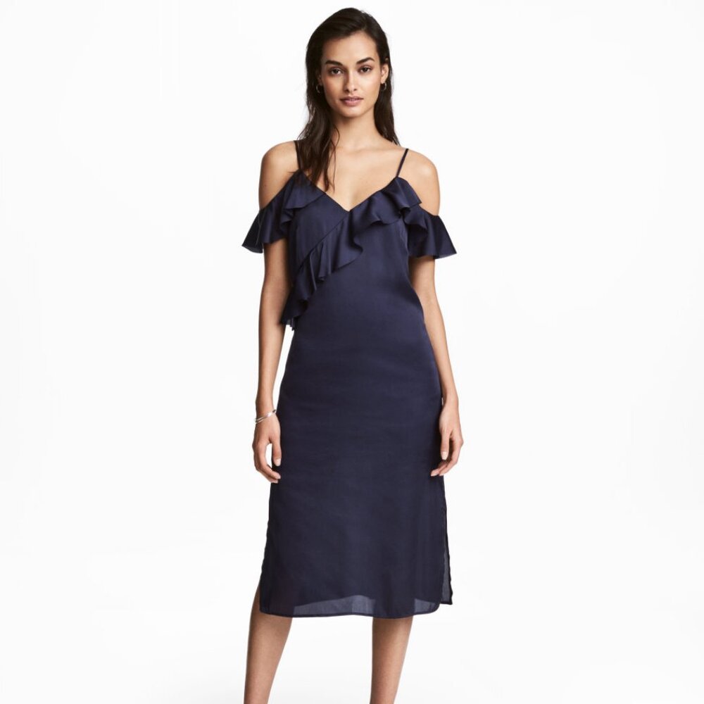H&M Satin Midi Dress in Navy Blue, Size 2